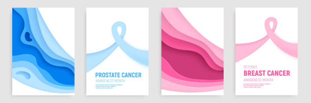 illustrazioni stock, clip art, cartoni animati e icone di tendenza di cancro al seno e cancro alla prostata mesi di sensibilizzazione carta taglio striscione set. nastri rosa e blu dell'arte cartacea - simboli sanitari di ottobre novembre. illustrazione vettoriale artigianale - backgrounds pink femininity ribbon