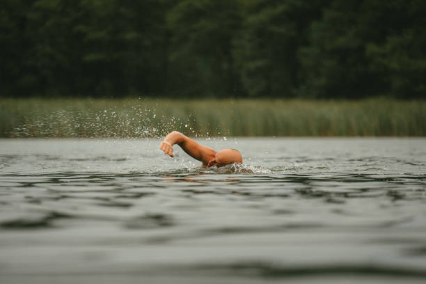 istock Man swimming in lake. Hand above water surface 1265568159