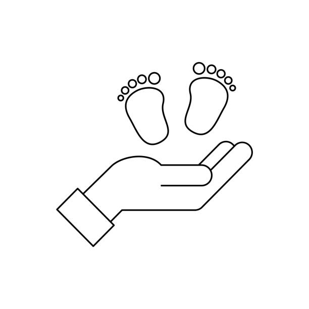 ilustraciones, imágenes clip art, dibujos animados e iconos de stock de pies de bebé en el icono de la línea de la mano. los pasos del niño para apoyar la mano de los padres. cuidado, amor, protección de los niños. - white background support assistance safety