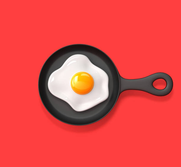 istock Fried egg in a frying pan isolated on red background 1265579364