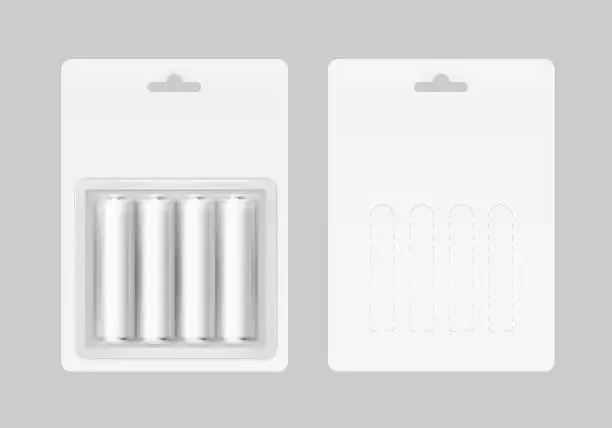 Vector illustration of Vector Set of Four White Silver Gray Glossy Alkaline AA Batteries in White Blister Packed for branding Close up Isolated on Background