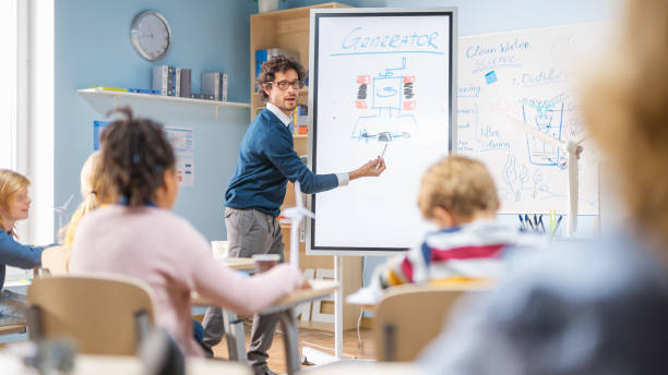 istock Elementary School Physics Teacher Uses Interactive Digital Whiteboard to Show to a Classroom full of Smart Diverse Children how Renewable Energy Works. Science Class with Kids Listening 1265582142