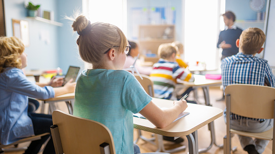 Girl explaining female friend while doing homework in classroom