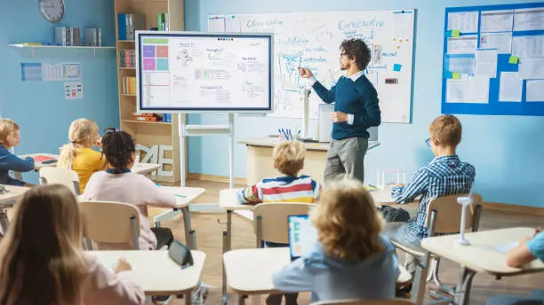 Photo of Elementary School Science Teacher Uses Interactive Digital Whiteboard to Show Classroom Full of Children how Software Programming works for Robotics. Science Class, Curious Kids Listening Attentively