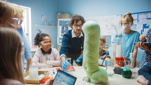 istock Elementary School Science / Chemistry Classroom: Enthusiastic Teacher Shows Funny Chemical Reaction Experiment to Group of Children. Mixing Chemicals in Beaker so they Shoot Foam (Elephant Toothpaste) 1265582179