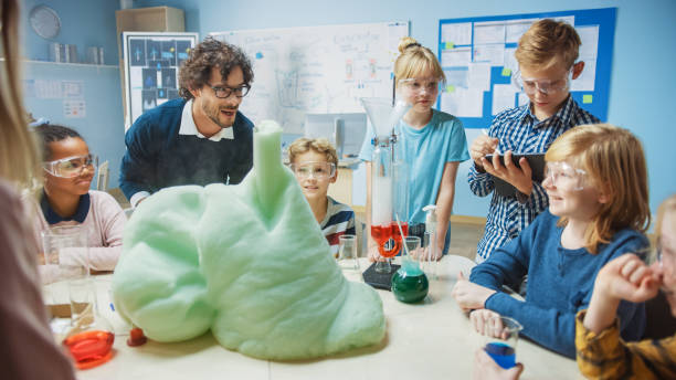 istock Elementary School Science / Chemistry Classroom: Enthusiastic Teacher Shows Funny Chemical Reaction Experiment to Group of Children. Mixing Chemicals in Beaker so they Shoot Foam (Elephant Toothpaste) 1265582266