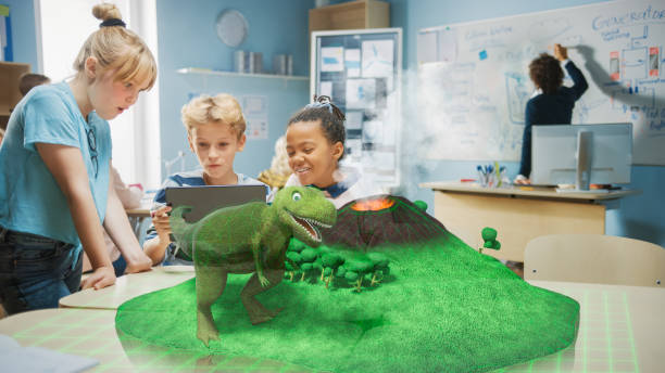 3 Diverse School Children Use Digital Tablet Computer with Augmented Reality Software, Looking at Educational 3D Animation - Dinosaur on Island with Active Volcano. VFX, Special Effects Render 3 Diverse School Children Use Digital Tablet Computer with Augmented Reality Software, Looking at Educational 3D Animation - Dinosaur on Island with Active Volcano. VFX, Special Effects Render digital animation stock pictures, royalty-free photos & images