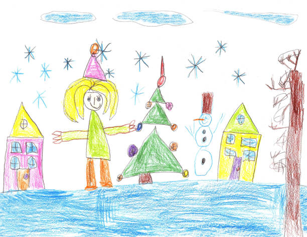 детский рисунок. дети играют со снегом за пределами елки. отпуск, праздник, новый год, рождество - pencil pine stock illustrations