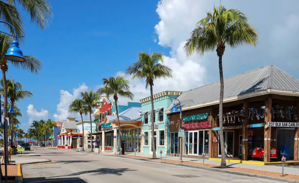 Shops and restaurants in Times Square Fort Myers Beach,USA - July 14, 2020: Downtown shops on Old San Carlos Boulevard located at Times Square the heart of Estero Island as seen on July 14, 2020. fort myers beach photos stock pictures, royalty-free photos & images