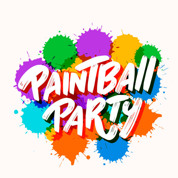 Paintball party. Vector banner. Paintball party. Vector hand drawn lettering illustration. paintballing stock illustrations