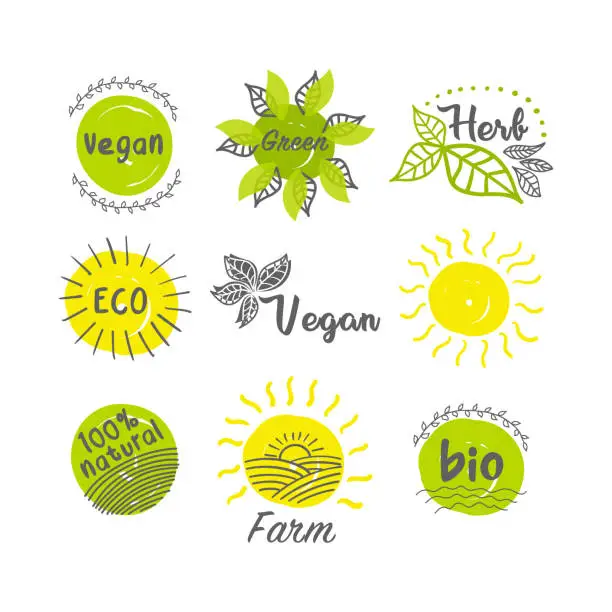 Vector illustration of Set of vector illustrations with the image of signs, logos, icons, templates of healthy eating, vegan and vegetarian, symbols of eco, bio, organic, farm and green products.