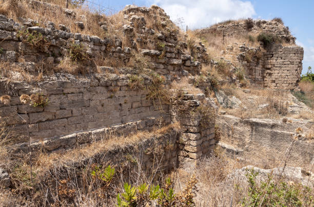 restos de las antiguas ruinas de la fortaleza de kafarlet. era propiedad de los señores de cesarea, luego se convirtió en propiedad de los hospitalarios. capturado por baybars en 1291. cerca de la ciudad de atlit en el norte de israel - cemetery grave military beauty in nature fotografías e imágenes de stock