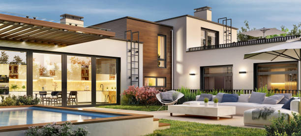 istock Modern house with swimming pool 1265591462