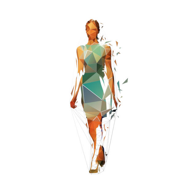 Slim tall woman in summer dress walking forward, low poly isolated vector silhouette. Geometric drawing Slim tall woman in summer dress walking forward, low poly isolated vector silhouette. Geometric drawing beautiful woman walking stock illustrations