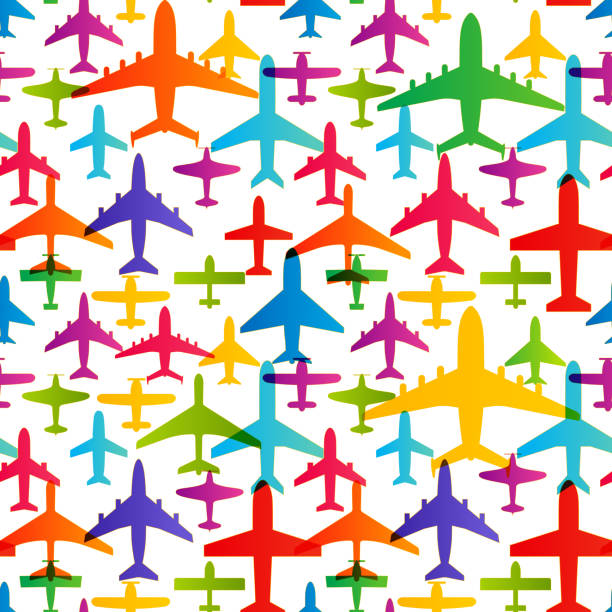 Airplane seamless background. Aircraft transportation colorful pattern template. Aviation vector repeatable texture. Airplane seamless background. Aircraft transportation colorful pattern template. Aviation vector repeatable texture airplane patterns stock illustrations