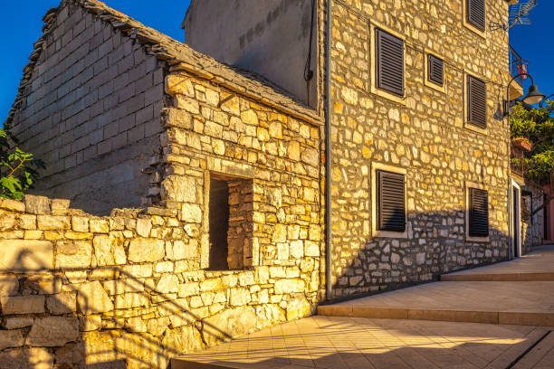 Architecture in Primosten town, a popular tourist destination on the Dalmatian coast of Adriatic sea in Croatia, Europe.