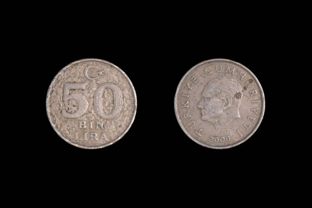 istock 50 bin lira coin. black background on both sides, 2000 Turkey 1265596469