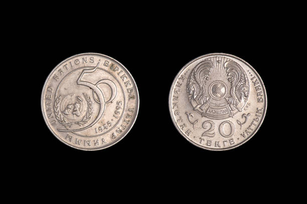 istock 20 tenge Kazakhstan 1995 year. Isolated object on a black background. Close-up on both sides 1265596789