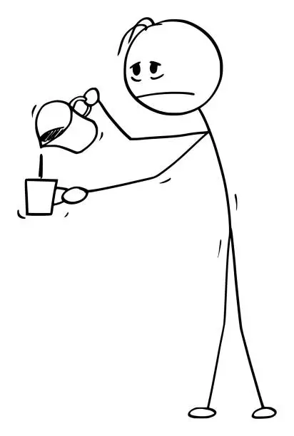 Vector illustration of Vector Cartoon Illustration of Tired, Sleepless Man or Businessman With Hangover, Pouring Hot Coffee In Mug