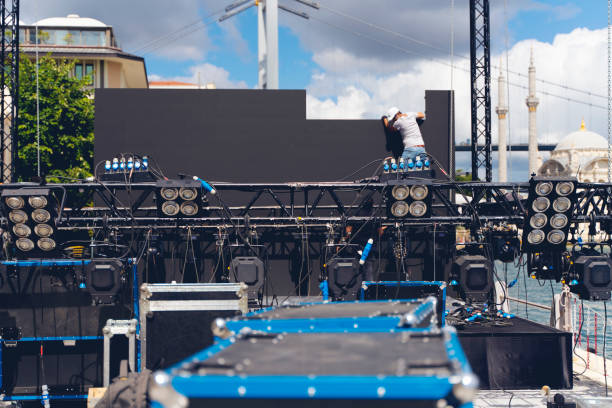 istock lighting and Led panel technician installing professional lighting equipment for concert stage , installation with led lights, led panel and projectors 1265599332