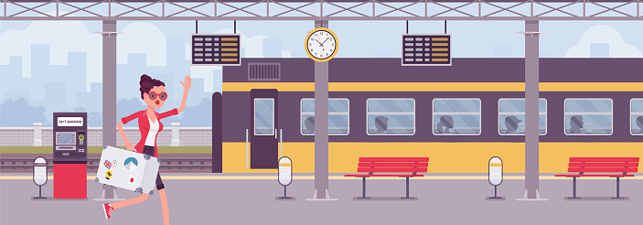 Woman Missing The Train Hurrying At Trainstation Stock Illustration -  Download Image Now - Train - Vehicle, Rail Transportation, Station - iStock
