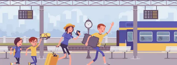 Vector illustration of Family missing the train, hurrying at trainstation