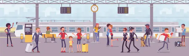 Vector illustration of Trainstation railway line with trains and passengers