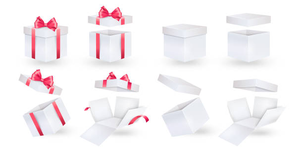 Set of boxes Set of vector boxes on a white background. Open and closed box. gift pack stock illustrations