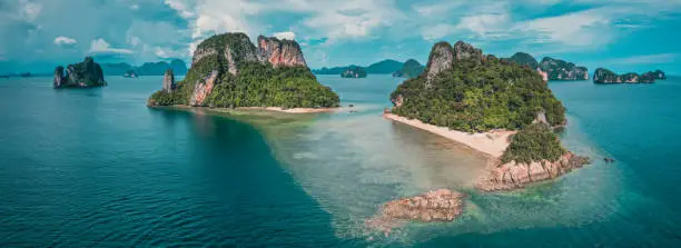 Aerial view of Koh Phak Bia, island in the Andaman Sea between Phuket and Krabi Thailand. High quality 4k footage