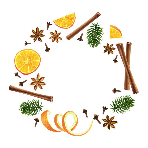 Wreath. Round garland of spices, orange and fir Wreath. Round garland of spices, orange and fir. Christmas decoration. Vector illustration. Different group objects. A group of individual elements. Ingredients of mulled wine. star anise stock illustrations