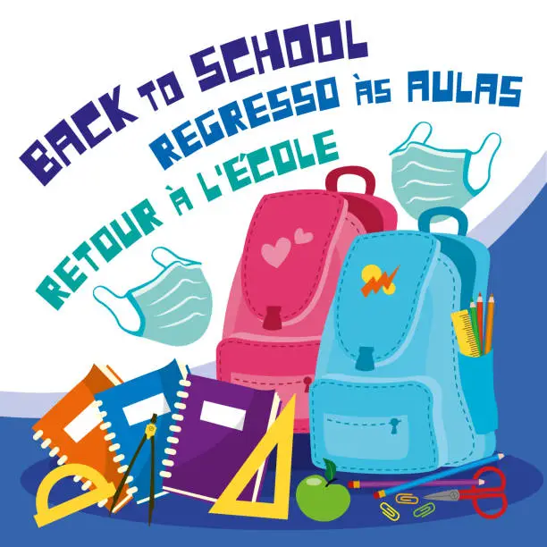 Vector illustration of Back To School in English, Portuguese and French Typescript Versions with Objects Set and Face Masks