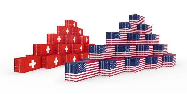 3d ilustracja grupy cargo containers z flagą szwajcarii i stanów zjednoczonych ameryki (usa). izolowane na białym. - switzerland flag computer graphic digitally generated image zdjęcia i obrazy z banku zdjęć