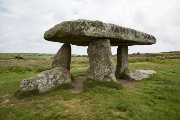 Photo of Lanyon Quoit, a megalithic dolmen site with a 12-ton capstone