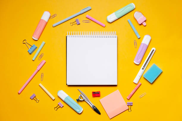istock Back to school concept. Top horizontal view copyspace.Zoom educational background. Pen, Pencil, Pencils, Eraser, Paper Clip, School Supplies. 1265611869