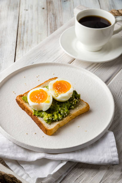 istock Toast with guacamole and boiled egg, avocado toast with coffee cup 1265611887
