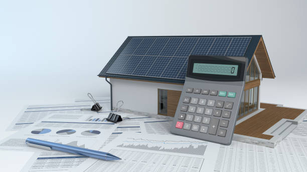 house with photovoltaic solar panel and calculator and documents - 3d illustration - solar panels house imagens e fotografias de stock