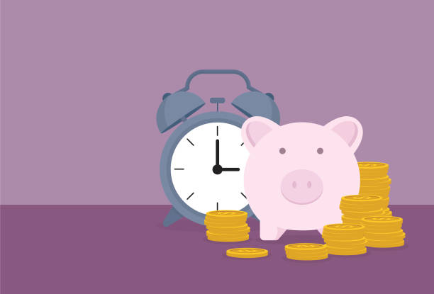 ilustraciones, imágenes clip art, dibujos animados e iconos de stock de alcancía, reloj y una pila de monedas - pensión documento bancario
