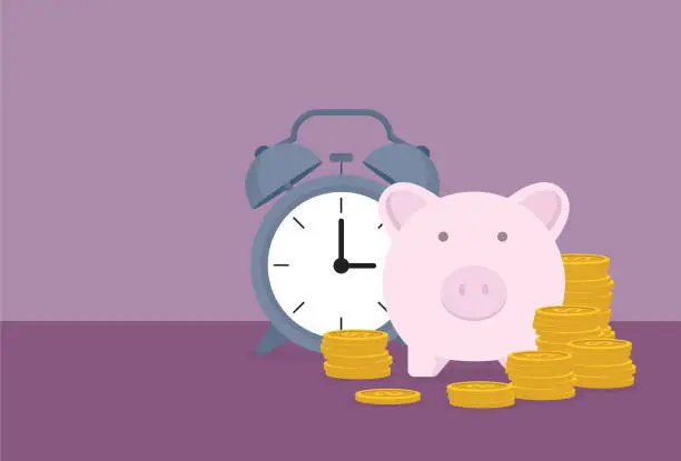 Vector illustration of Piggy bank, clock, and a stack of coin
