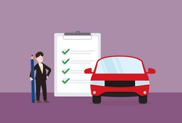 ilustraciones, imágenes clip art, dibujos animados e iconos de stock de hombre de negocios revisa un coche - car loan