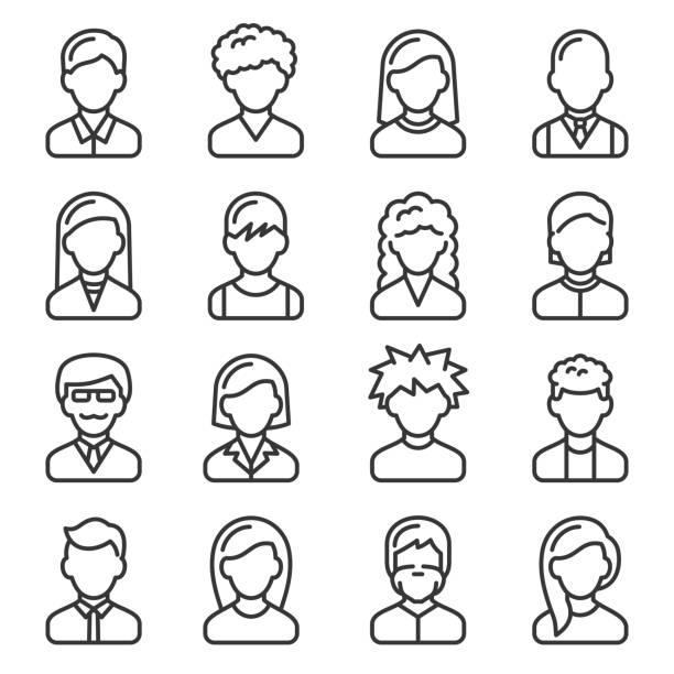 ilustraciones, imágenes clip art, dibujos animados e iconos de stock de iconos de usuario configurados en fondo blanco. vector de estilo de línea - simplicity using computer women computer equipment