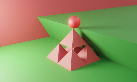 Red colored sphere moving up with the help of geometric pyramids, symbolizing teamwork and leadership. (3d render)