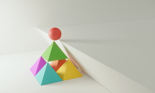 Red colored sphere moving up with the help of multicolored pyramids, symbolizing teamwork and leadership. (3d render)