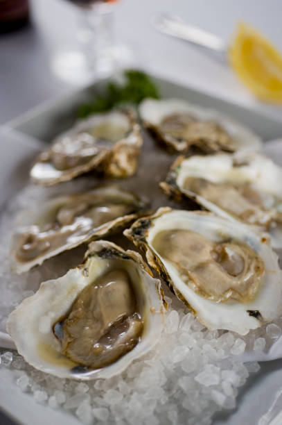 istock Oysters On the half shell. Fresh oysters served with shallots and topped with with cocktail sauce, mignonette sauce and fresh lemons and limes. Classic American steakhouse or French bistro appetizer. 1265615137