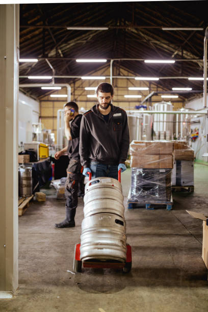 Young men working in brewery distribution warehouse Young men working in brewery warehouse, pushing loaded barrels and organizing distribution man wearing a barrel stock pictures, royalty-free photos & images