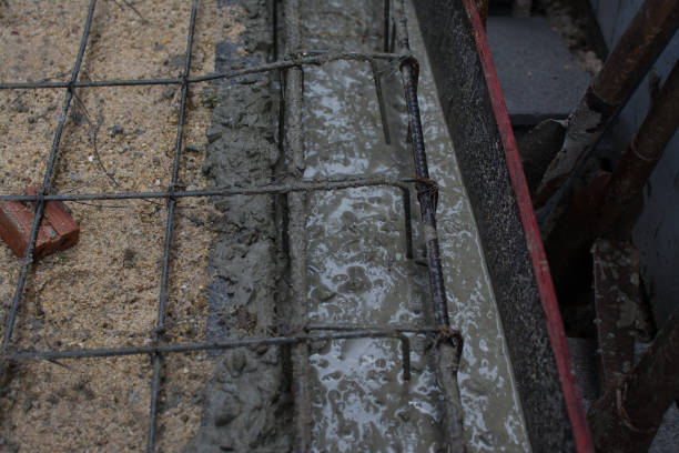 istock Steel tie of ground beam waiting for concrete work 1265621053