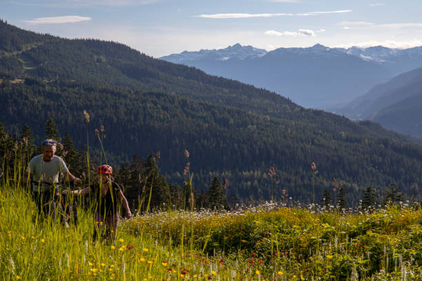 istock Two mountain bikers push bicycle up steep alpine meadow 1265625282