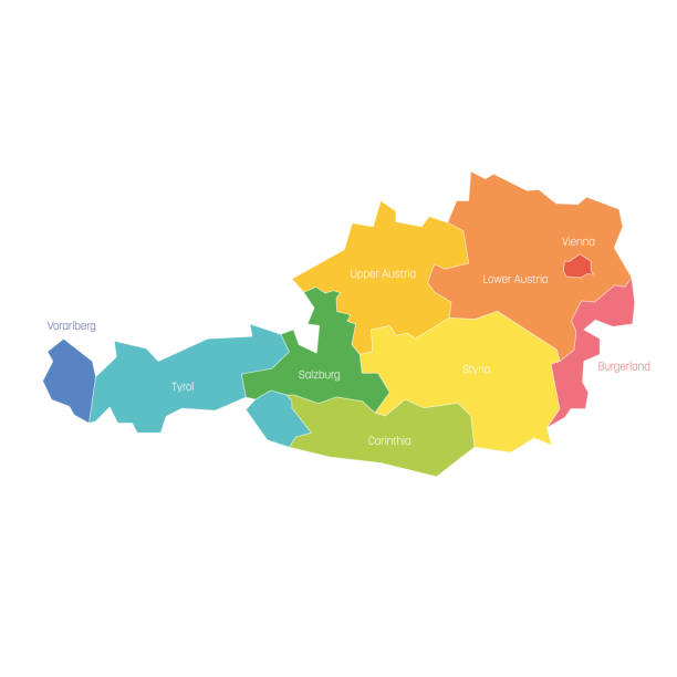 illustrazioni stock, clip art, cartoni animati e icone di tendenza di stati d'austria. mappa delle divisioni amministrative regionali dei paesi. illustrazione vettoriale colorata - upper austria