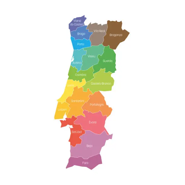 Vector illustration of Districts of Portugal. Map of regional country administrative divisions. Colorful vector illustration