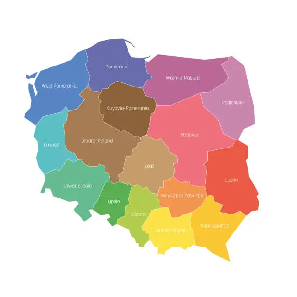 Vector illustration of Voivodeships of Poland. Map of regional country administrative divisions. Colorful vector illustration