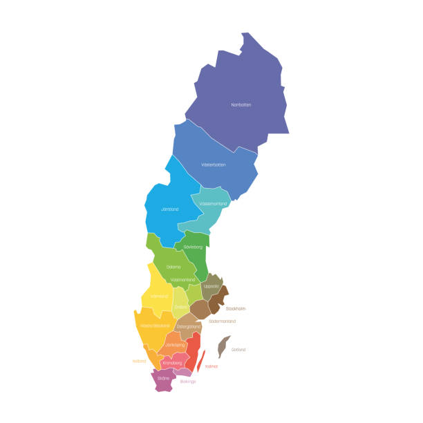 illustrations, cliparts, dessins animés et icônes de comtés de suède. carte des divisions administratives régionales des pays. illustration colorée de vecteur - sweden